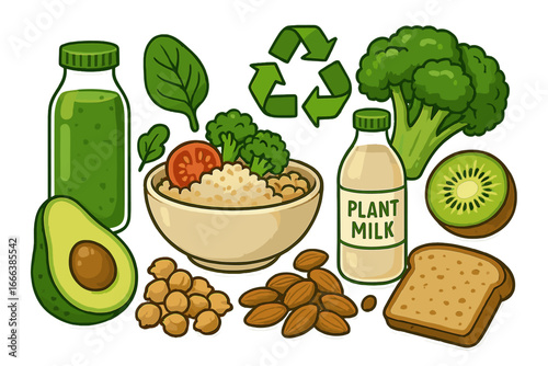 Colorful assortment of healthy plant-based foods and beverages on white background, focusing on nutrition, sustainability, vegan lifestyle, and eco-friendly eating habits, vector cartoon illustration