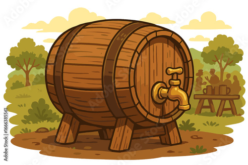 Rustic wooden barrel with brass tap for beverage dispensing in outdoor picnic or party setting, vintage style wooden keg illustration, countryside gathering scene, vector cartoon