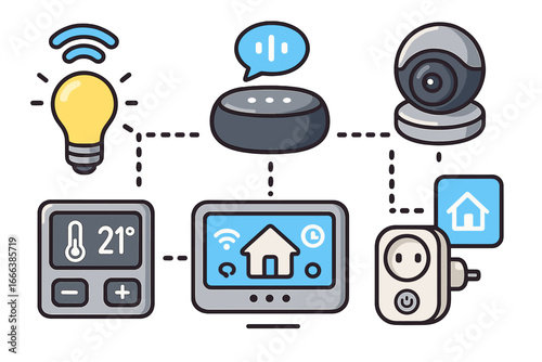 Smart home technology vector icon set. Internet of Things, IoT concept with connected devices. Automation system with hub, camera, thermostat, and voice assistant control.