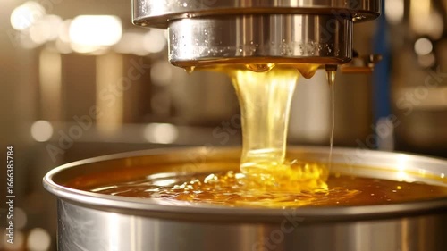 Golden liquid pouring from a stainless steel machine into a large container