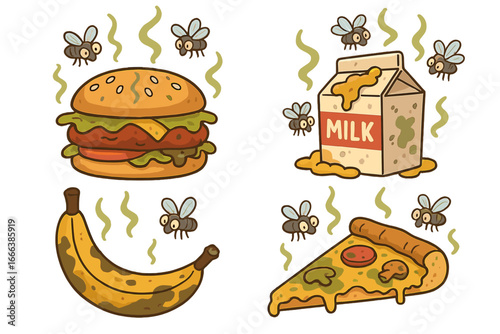 Rotten food set cartoon vector illustration. Spoiled burger, bad milk, old pizza slice, and banana with flies. Concept of food waste, decay, garbage, and contamination.
