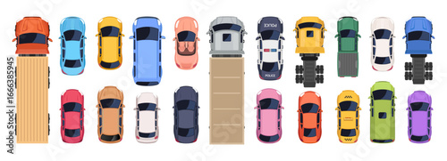 Cars and trucks top view set vector illustration