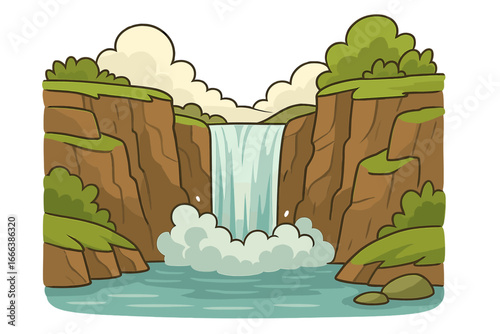 Cartoon waterfall vector illustration. Water rushing between cliffs in a natural landscape. River cascade with mist and splash. Isolated nature scenery for travel or environment.