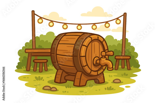 Wooden barrel for beer or wine at outdoor festival. Rustic keg with tap for beverage dispensing. Garden party cartoon vector icon. Vintage pub or bar equipment.