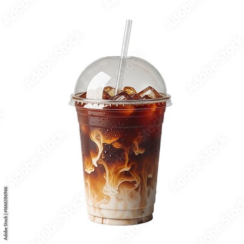 Photo of iced coffee with milk and cream swirling in a clear plastic cup with a dome lid and straw, isolated on transparent background