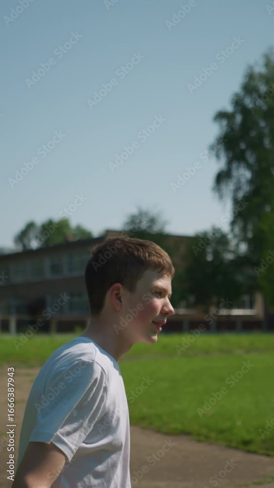 A young boy heads a ball as someone passes by in the background, with blurred trees and a building in the background A young boy heads a ball as someone passes by in the background, with blurred trees and a building in the background