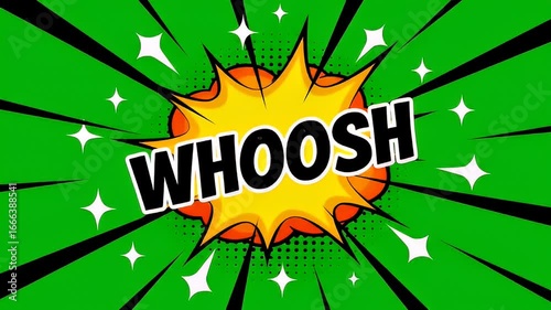 Comic style whoosh animation fast motion effect on green burst background
