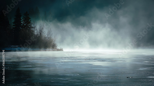 Mist rises over a frozen lake in a peaceful forest area during early morning hours in winter