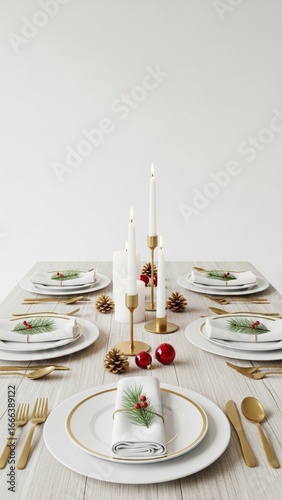 Minimalist Christmas dinner table decorated with white candles, pinecones, red ornaments and greenery, elegant holiday setup