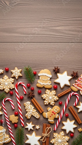 Christmas gingerbread cookies with icing, candy canes, cinnamon sticks and red berries on wooden background, festive holiday flat lay