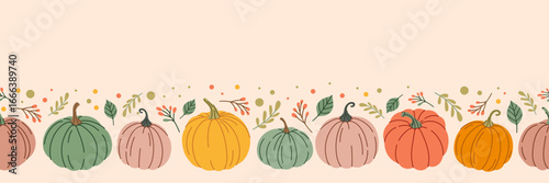 Thanksgiving day halloween seamless pattern with pumpkins and autumn leaves. Vector texture border for textiles, table cloth, wrapping paper, banners, wallpapers.  Autumn harvest design