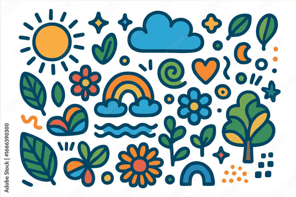 Naklejka premium Collection of colorful nature doodles. Cute cartoon spring and summer icons. Sun, cloud, rainbow, flower, leaf, and tree. Abstract groovy eco vector graphic elements set.