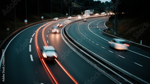 Dynamic dusk scene of a silver sedan exiting a curved highway with streaks of red taillights, motion blur capturing speed and energy, outdoor highway at twilight with darkening sky and illuminated ve
