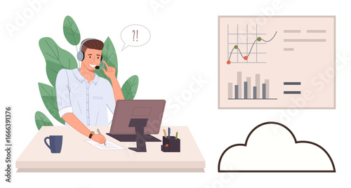 Customer service representative in headset at desk with graphs, cloud icon, and office supplies. Ideal for communication, customer care, teleworking, data analysis, online support, business strategy