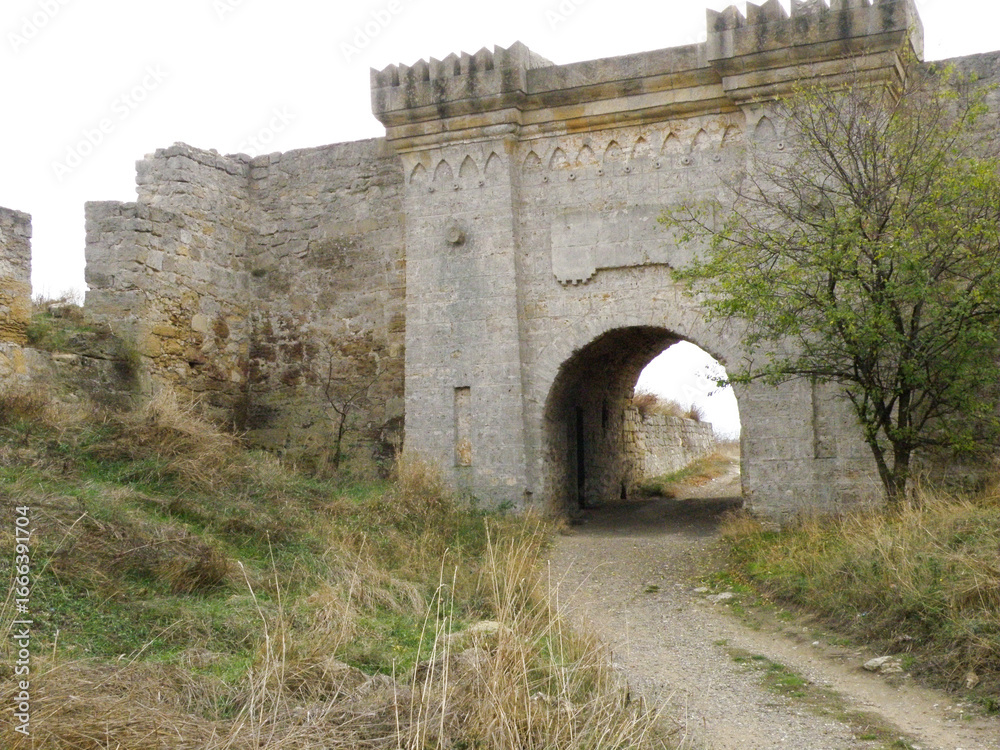 Fototapeta premium A wide shot of the main stone gate and fortress walls of the historic Yeni-Kale Fortress. A rustic cobblestone path leads through the arched entrance, surrounded by dry grass.