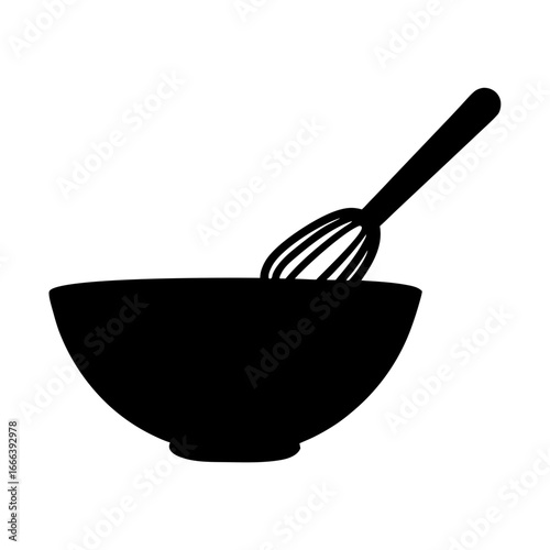 Simple Black Silhouette Illustration of a Whisk in a Mixing Bowl