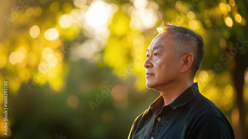 Serene Man Contemplates Golden Hour.