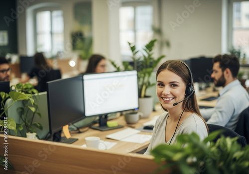 Woman with headset smiling in office environment with coworkers and plants at desks in background