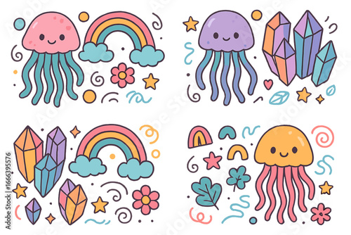 Kawaii jellyfish and rainbow doodle set. Cute cartoon crystal, gem, and flower sticker collection. Magical celestial underwater animal vector illustration for children's design.