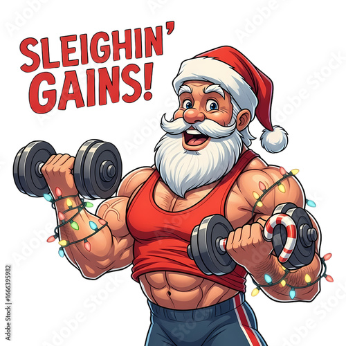 Funny Santa Claus Gym Christmas. Santa lifting candy cane dumbbells.