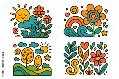 Set of groovy retro cartoon stickers. Hippie psychedelic nature elements. Cute whimsical doodle illustration collection with flower, sun, rainbow, heart, and landscape. Vector