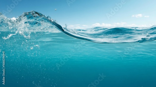 Tranquil clear water flowing at eye level with soft reflections and gentle waves, empty space on the left for text, bright blue sky in background