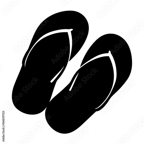 Simple black and white illustration of two flip flops, summer footwear