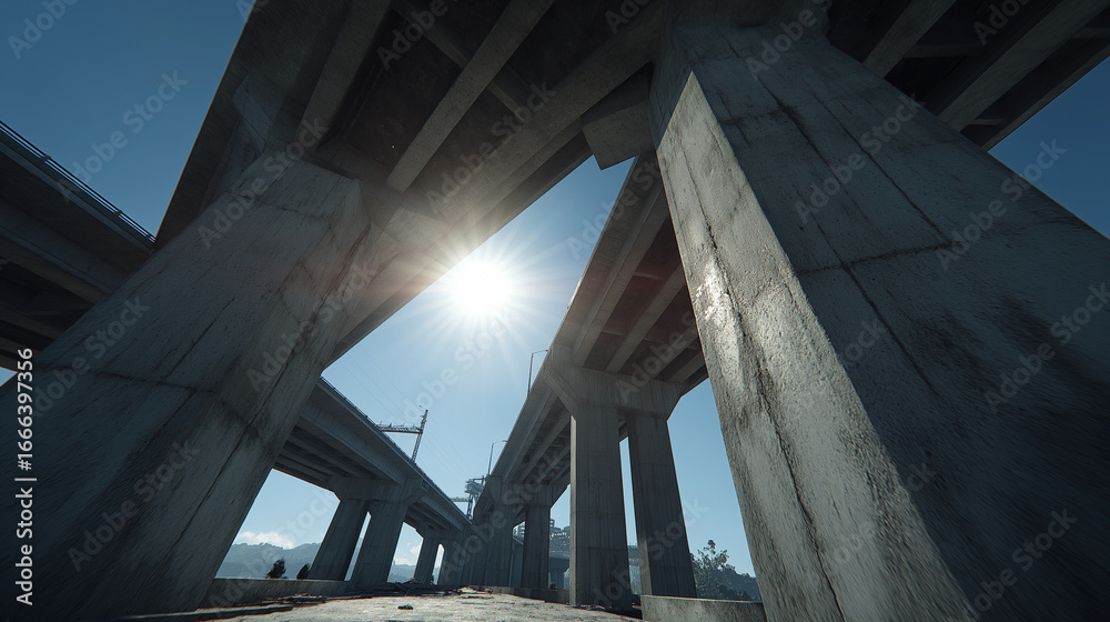 Obraz premium Towering concrete pillars support massive beams under a bright sun with blue sky overhead