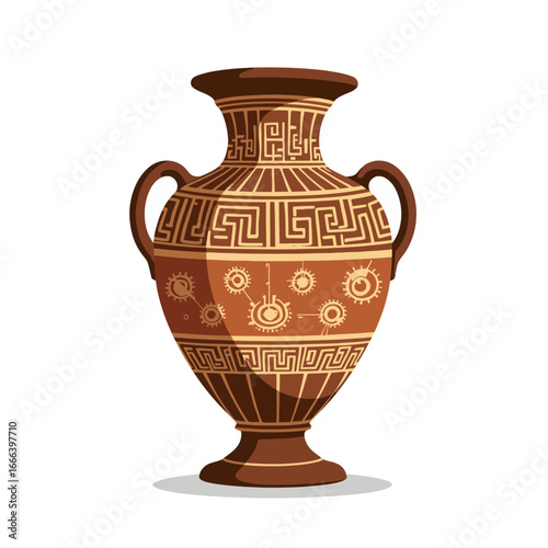 Ancient Greek-Style Amphora with Intricate Geometric Patterns and Rustic Earthen Colors on a White Background