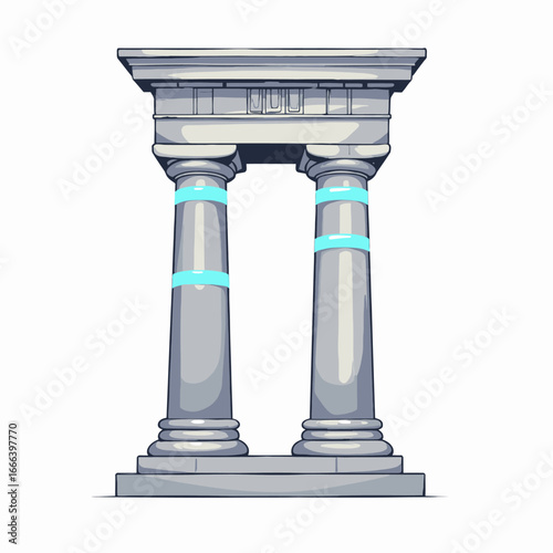 Illustrated Ancient Stone Structure with Dual Pillars Featuring Ornate Details and Blue Highlights on a Pristine White Background
