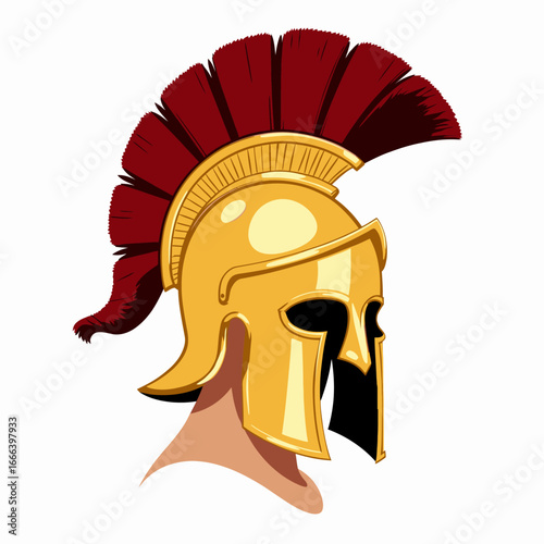 Illustration of an Ancient Greek Gladiator Helmet with Red Plume and Golden Details Facing to the Right on a White Background