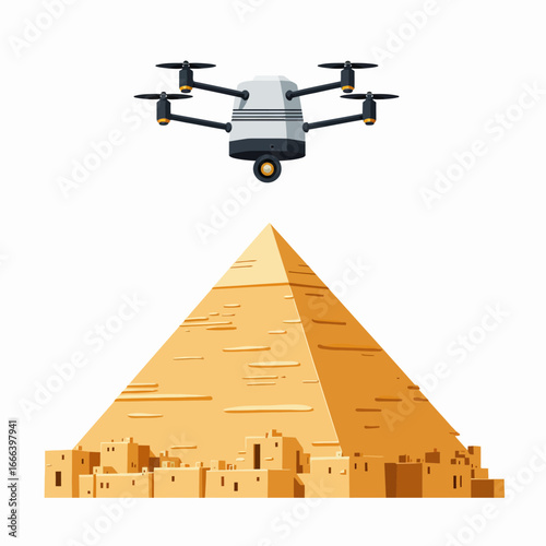 Advanced Technology Drone Capturing Aerial View of Historical Pyramid in Desert Setting for Archaeological Research