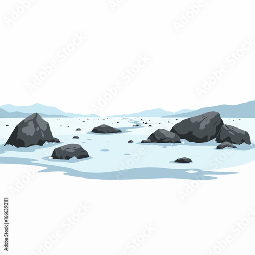 A Vast and Serene Winter Landscape with Snow-Covered Rocks and an Endless White Expanse Under a Clear Sky, Evoking Calmness and Natural Tranquility