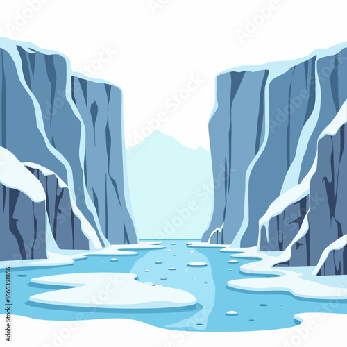 Stunning Frozen Water Passage Between Towering Snow-Covered Cliffs Under Clear Blue Sky with Ice Floes Drifting Slowly