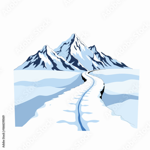 Majestic Snow-Covered Mountain Peaks with a Long Winding Path Leading through the Snowy Landscape Under a Clear Blue Sky