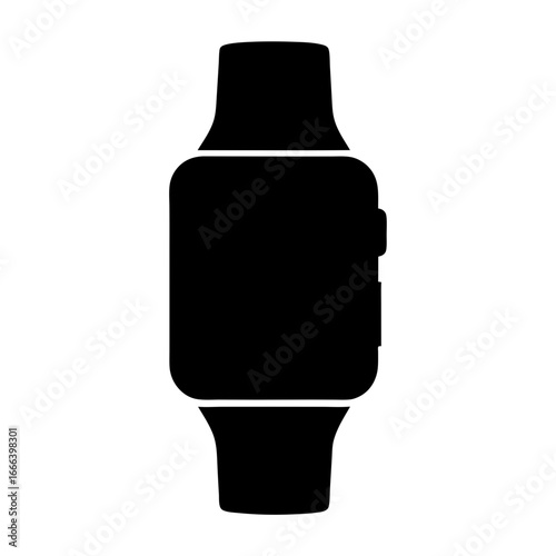 Black silhouette illustration of a modern smart watch with wristbands and screen