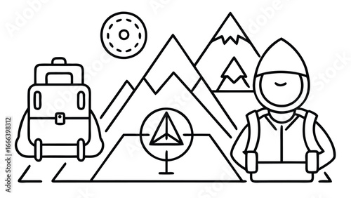 Illustration of a hiker with backpack and mountains in the background in black and white style
