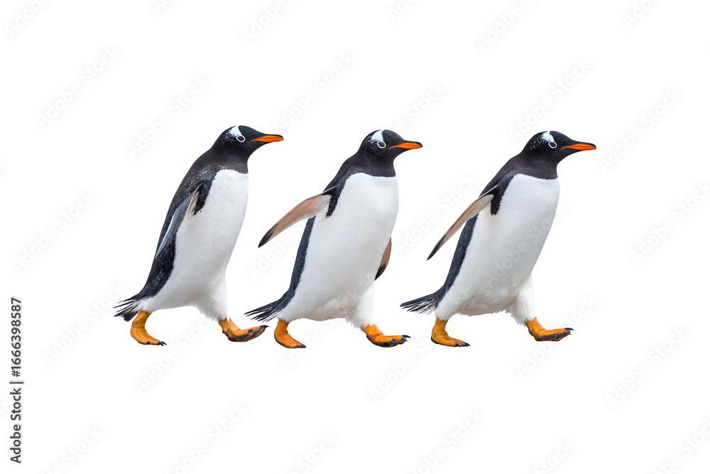 Fototapeta premium Three penguins walking together in a playful manner 