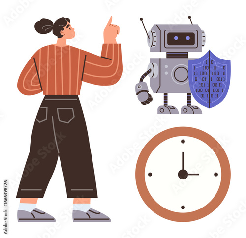 Woman pointing up near robot holding shield with binary code and analog clock. Features teamwork, AI, innovation, cybersecurity, time management, digital protection, future collaboration. Simple flat