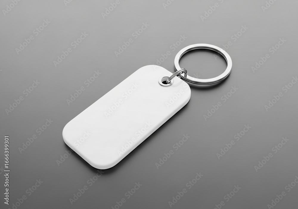 Fototapeta premium A white rectangular keychain with a metal ring on a gray surface in a studio setting view from above