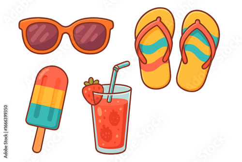 Summer beach vacation accessories set. Colorful cartoon vector icons of sunglasses, flip flops, popsicle and strawberry juice. Isolated holiday travel essentials illustration.