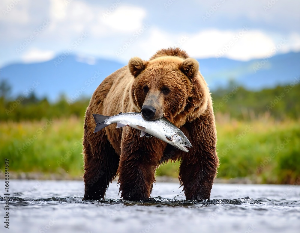 Obraz premium Grizzly bear in river with salmon