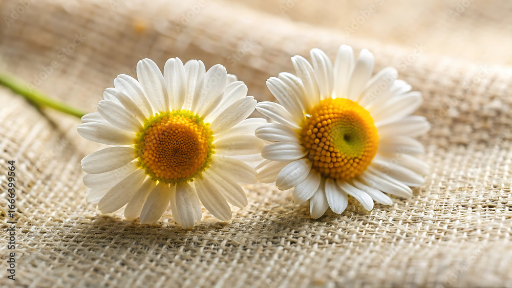 Obraz premium Close up of two chamomile flowers on pale linen background natural herbal wellness concept 