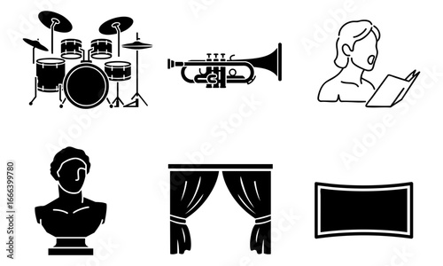 Illustration featuring musical instruments a singer bust curtains and a blank screen design