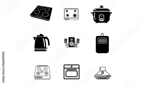 Illustration of a collection of kitchen appliances and a speaker system in black and white style
