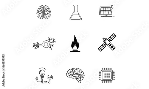 Illustration showcasing a brain, flask, solar panel, neuron, flame, satellite, lightbulb, and chip