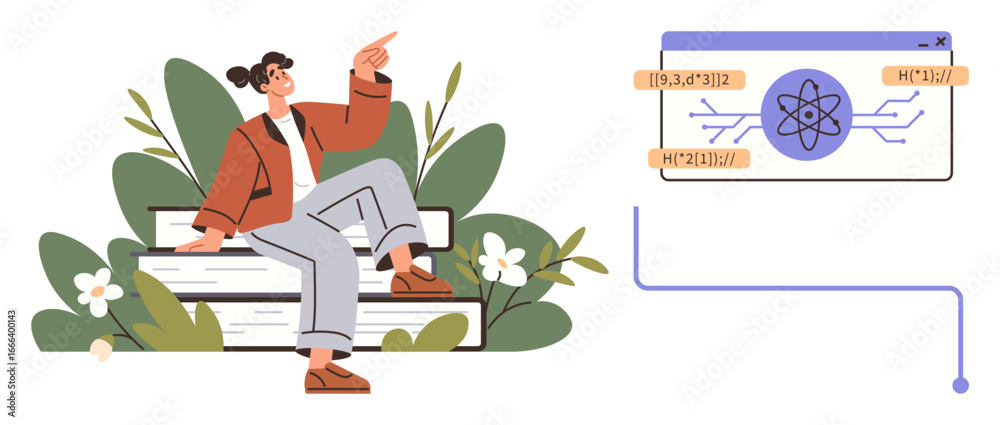 Fototapeta premium Young person on books gesturing towards science interface with atom structure and data visuals. Ideal for education, knowledge, technology, innovation, learning, research, simple flat metaphor