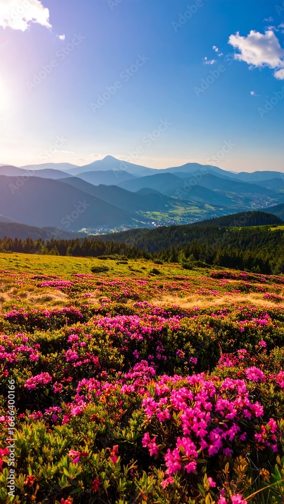 Obraz premium A breathtaking vista of a mountain meadow filled with vibrant pink rhododendrons, showcasing a sprawling landscape of rolling hills and a clear blue sky.