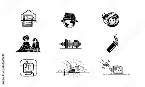 Illustration showing various energy sources including geothermal solar and industrial power plants