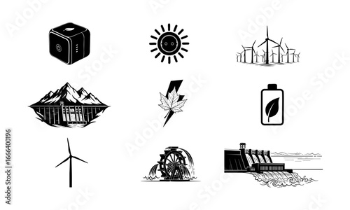 Illustration showcasing various sources of renewable energy including wind sun and hydroelectric power